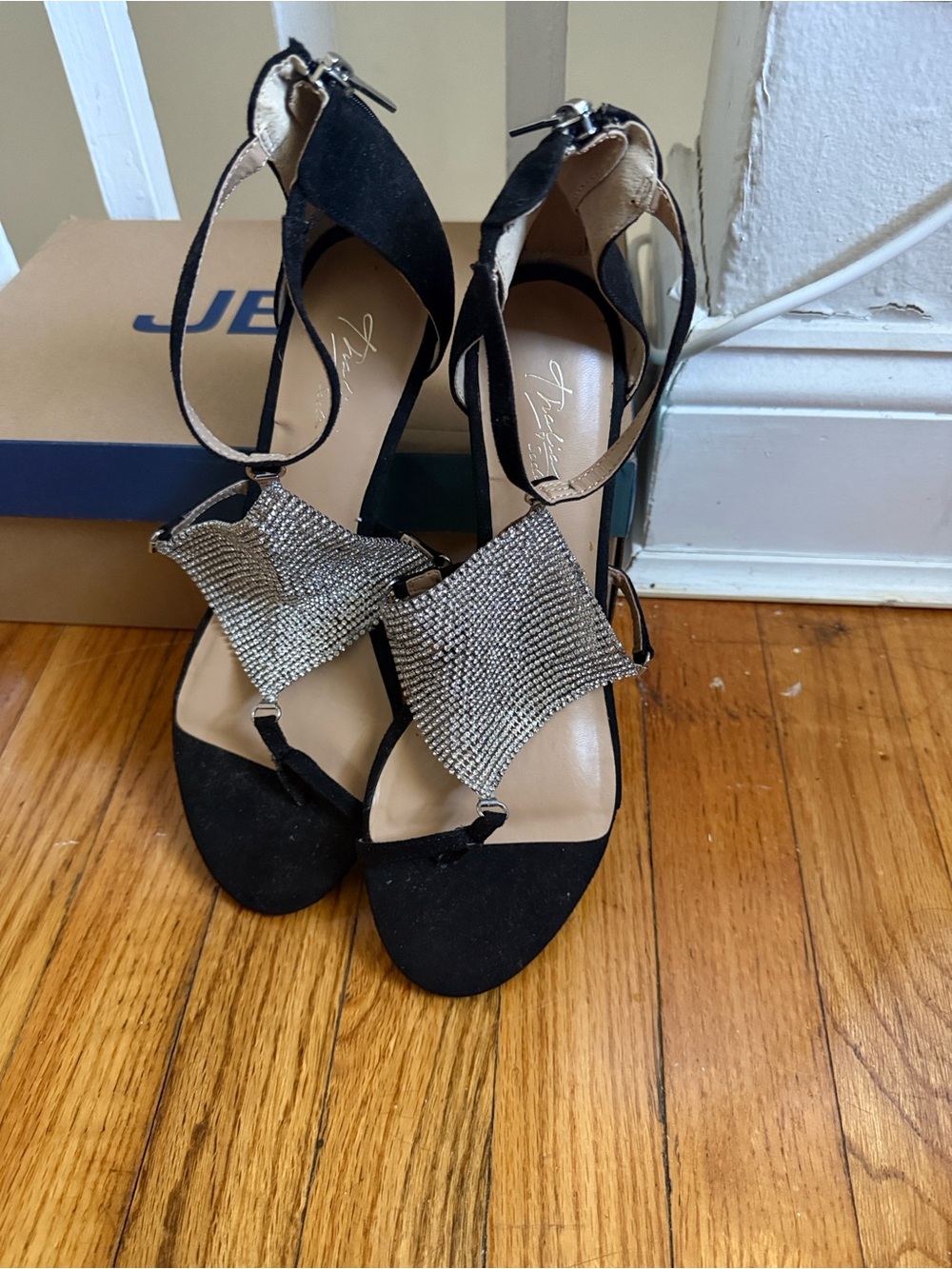 Thalia Sodi Black Suede Sandals with Silver Rhinestone Accent